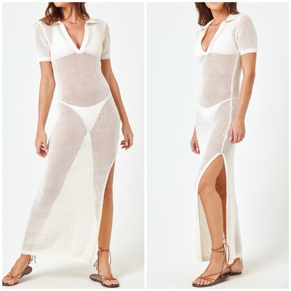New L Space Sydney Cover Up Crochet Knit Maxi Polo Dress Swim White Sz XS - Picture 2 of 14